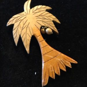 Vintage Costume jewelry, pin, coconut palm , wood